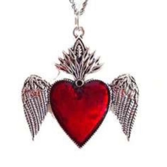 Winged Sacred Heart Ruby Red Fiery Jesus Immaculate Mary Catholic Steel Necklace - Picture 1 of 11